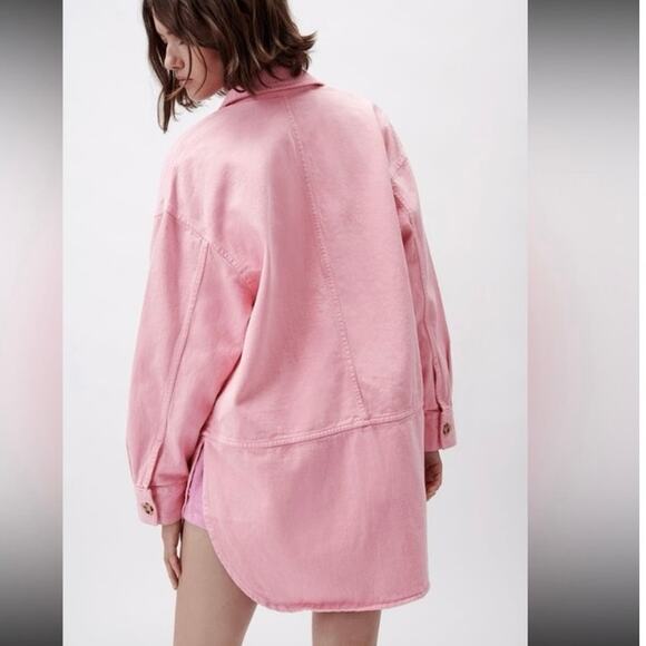 Zara Oversized Pink Denim Jacket Jean Shacket Button Front Medium - Picture 12 of 13